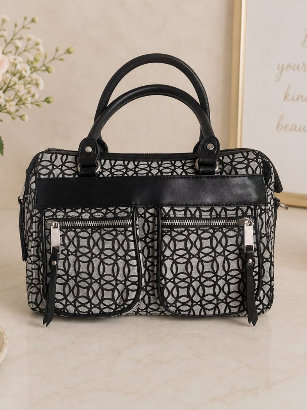 Black White Geometric Bowling Bag Satchel Purse Double Handle Handbag